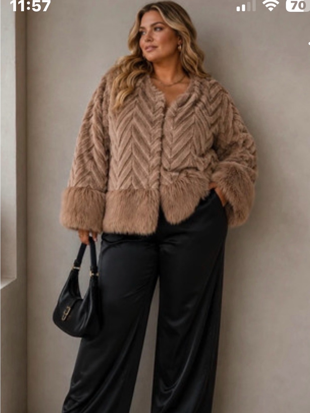 Nina Leonard Chevron Faux-Fur Teddy Jacket - Brown